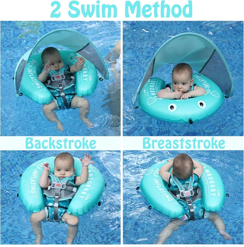 AnjeeIOT Mambobaby Float Self-Inflating Baby Pool Float Compressible Pool Swim Float Infant Soft Solid Swimming Trainer Baby Float with Removable UPF 50+ UV Sun Protection Canopy, Green - Image 3